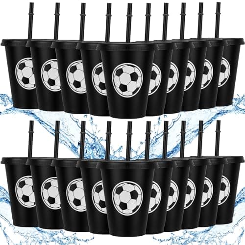 Domensi 20 Pcs Soccer Party Favor Cups Bulk 16oz Soccer Cups Reusable Plastic Tumbler with Lid and Straw for Team Coach Friend Fan Men Women Gifts Party Favor Decoration Supplies