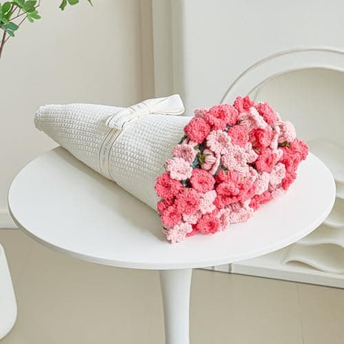 Crochet Flower Bouquet Throw Blanket, Handmade Knitted Blanket with Flowers, Cute Romantic Gift for Her Girlfriend Mom Mother’s Day Valentine Wedding Anniversary Birthday, Pink 60 Inches