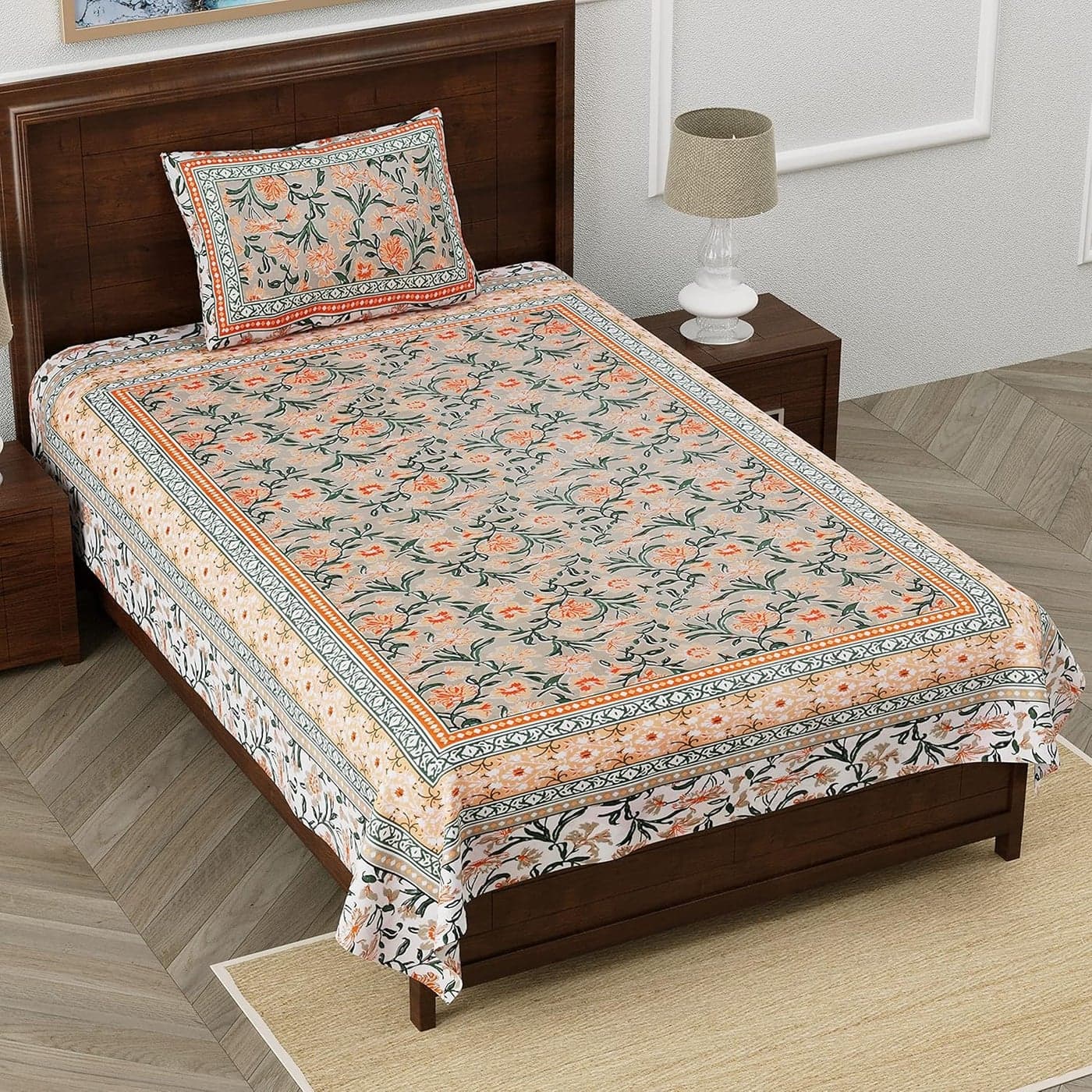 elanorhomes Pure Cotton Single Bedsheet Set 60x90 Garden Print with Pillow Cover 240 TC