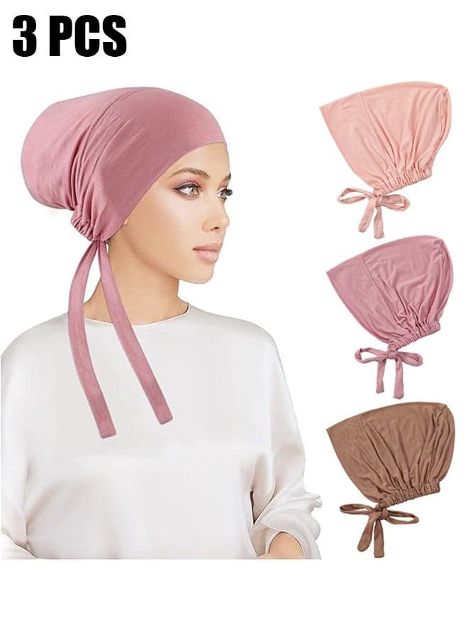 Women Under Scarf, 3PCS Chemo Headwear Hat Hijab Cap Islamic Muslim with Tie-Back Closure