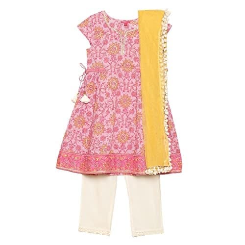 BIBA Printed Cotton Straight Fit Girls Kurta Palazzo Dupatta Set (LILAC, 8-9 Y)