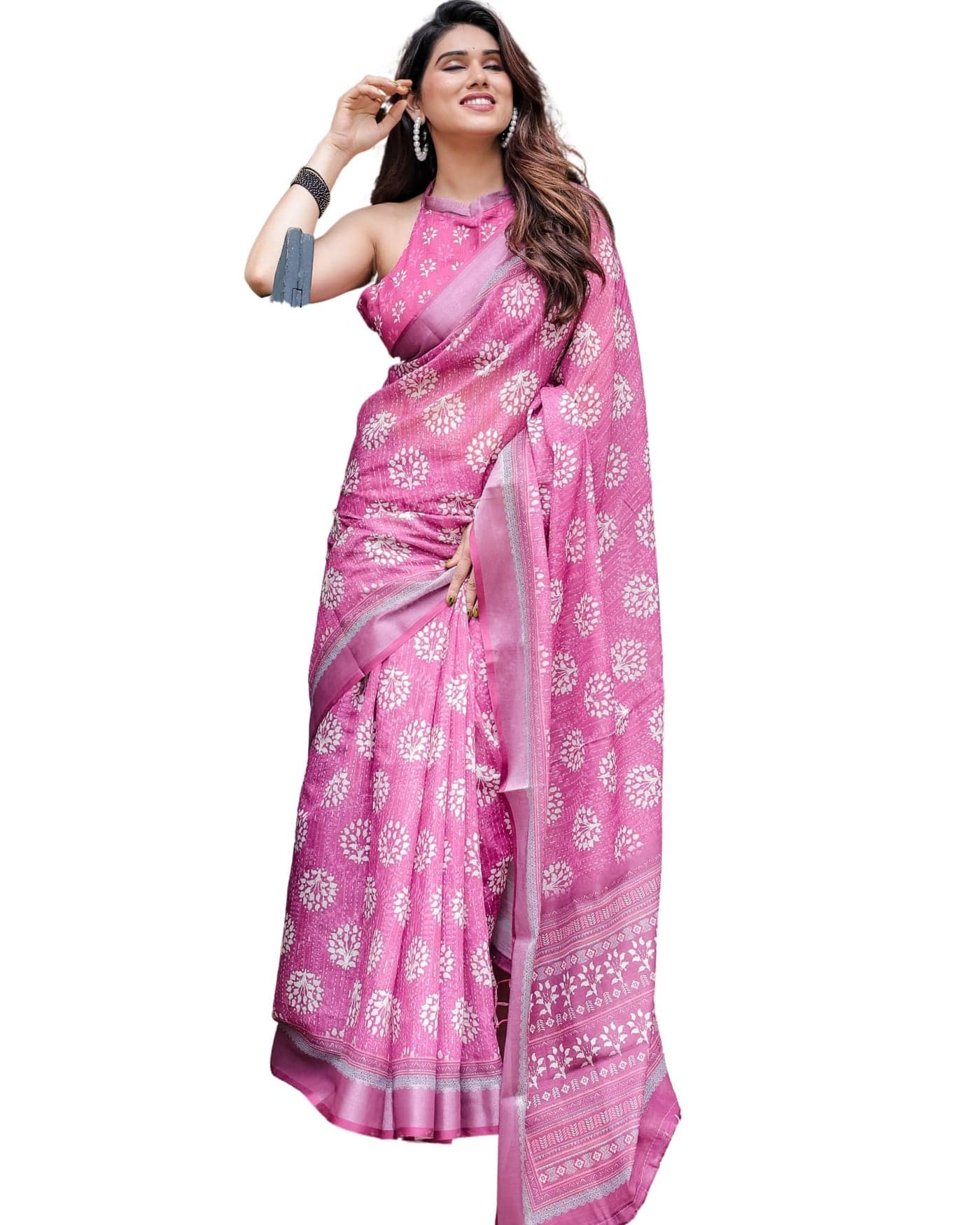 ALMAARI FASHION Women's Floral Printed Handloom Cotton Silk Saree with Zari Border and Tassel Pallu Unstitched Blouse Piece | Traditional Ethnic Wear Sarees | Women saree silk | Festive Sari Women's