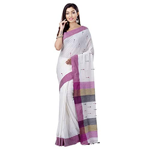 dB DESH BIDESH Women`s Cotton Soft Saree handloom Mashal Design Daily, Wear Cotton Silk Sari Fancy Winter Wedding, Party, Wear Silk Sarees Latest, Trendy Design Farewell Saree For Women (White Purple)