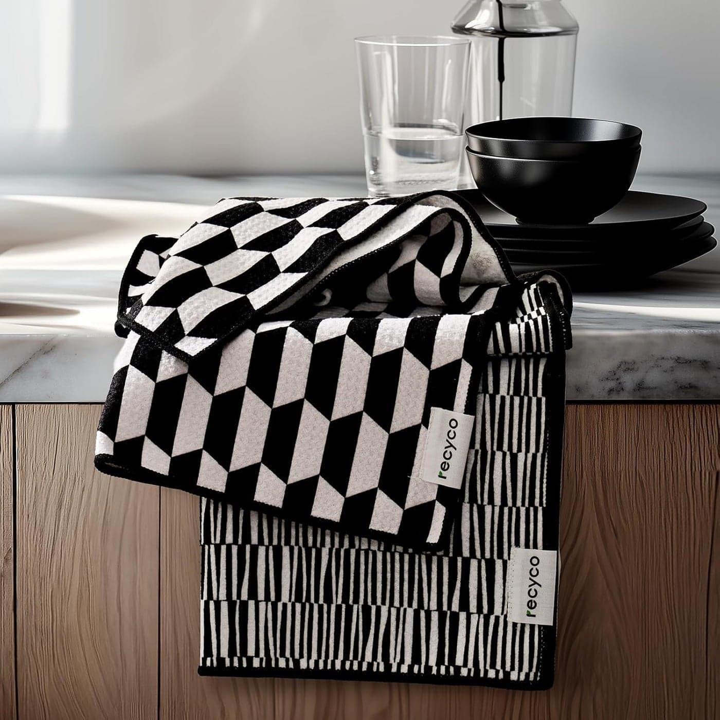 RECYCO Waffle Kitchen Towel Set of 2 Quick Dry Microfiber Sustainable Dish Towels Ultra Absorbent Reusable Cleaning Tea Towels Lightweight Hand Towels16x 28 Black White Mirage