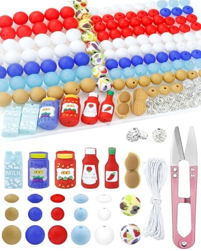 FIVEIZERO 164PCS Silicone Focal Beads for Keychain Making Lentil Printed Rhinestone Sliver Spacer Beads for Pens Bracelets Crafts with Elastic Cord ScissorsMilk Peanuts Jam