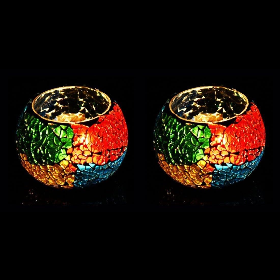 Decorative Mosaic Glass Round Tealight Candle Holder Crackle for Home and Festive Decor Pack of 2 Glass 1 Cup Tealight Holder Multicolor Pack of 2