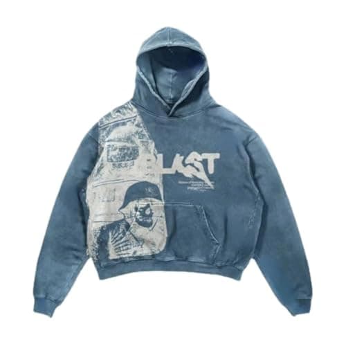 Obenie Retro Y2K Hoodie Gothic Casual Alphabet Blast Print Pattern Skull Fashion Hoodie Men Harajuku Men Clothing (blue,S,Small)