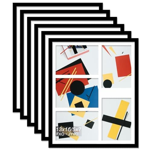 Fxojyvo 5x7 Picture Frame Collage Set of 6, Display 5 5x7 Picture Collage or 13x16 Photo Only Without Mat, Light Weight and High Transparent Frame for Wall - 6 Pack/Black/5-Openings