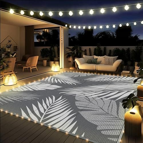 GENIMO Outdoor Rug 6 x 9 Waterproof for Patios Clearance Reversible Outdoor Plastic Straw Camping Rug Carpet with LED String Light Area Rugs Mats for RV Camper Deck Balcony Porch GreyWhite