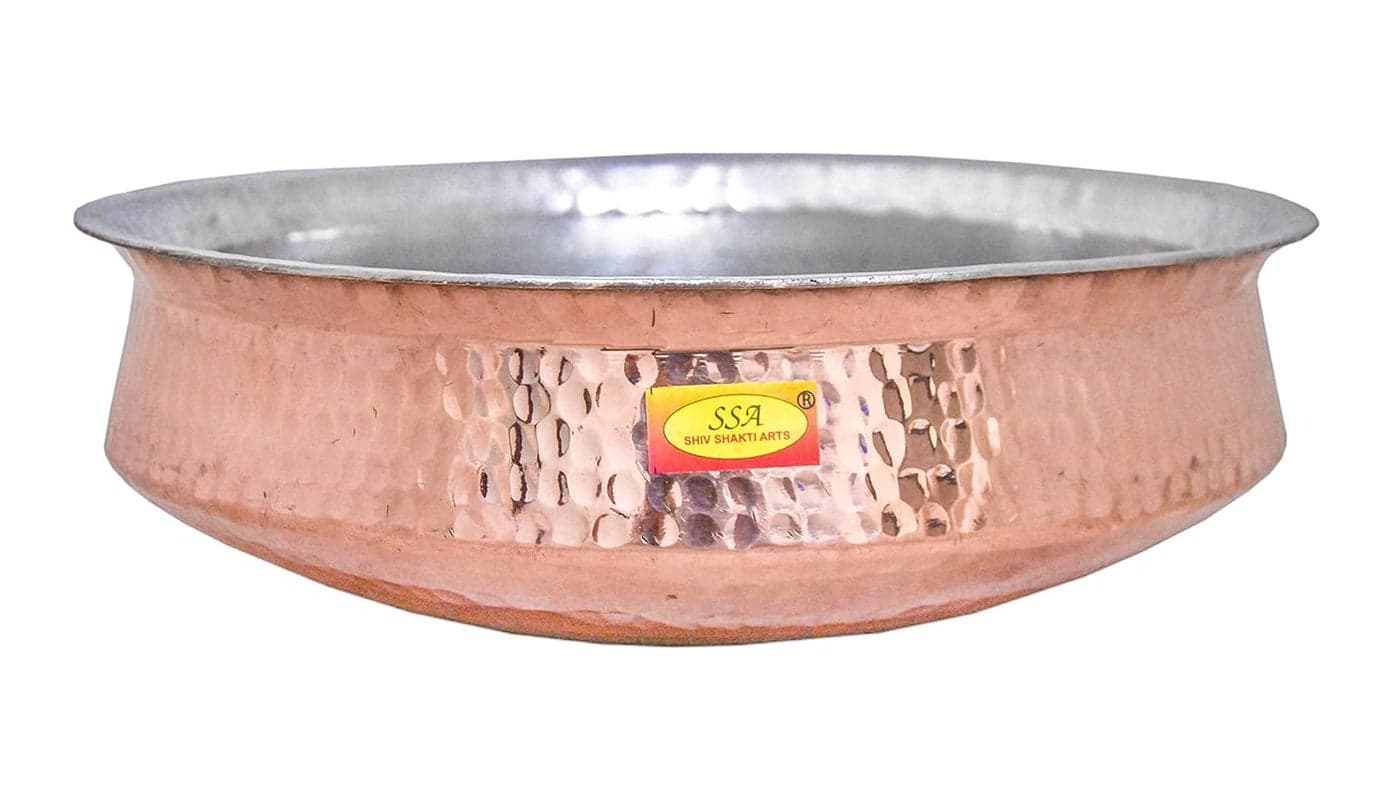 Shiv Shakti Arts Pure Copper Hammered Lagan Handi Chaffing Dish Pan with Tin Lining, Cookware and Serveware,5 litres, Brown