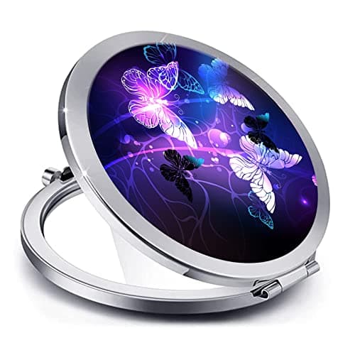 LONNAONE Compact Mirror for Women,Round Mini Pocket Travel Makeup Mirror,Pretty Portable Folding Small Pocket Mirror for Handbag,Purse,Double Sided Handheld Mirror(Silver Purple Butterfly)