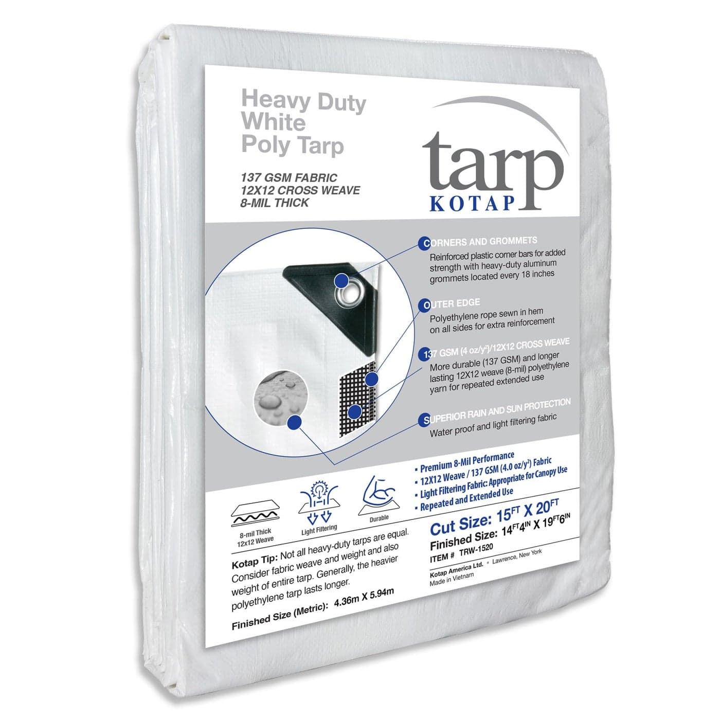 Kotap 15 x 20 Ft HeavyDuty ProtectionCoverage Tarp Superior Weave for Greater Longevity 8mil MultiUse Waterproof White 1Pack TRW1520