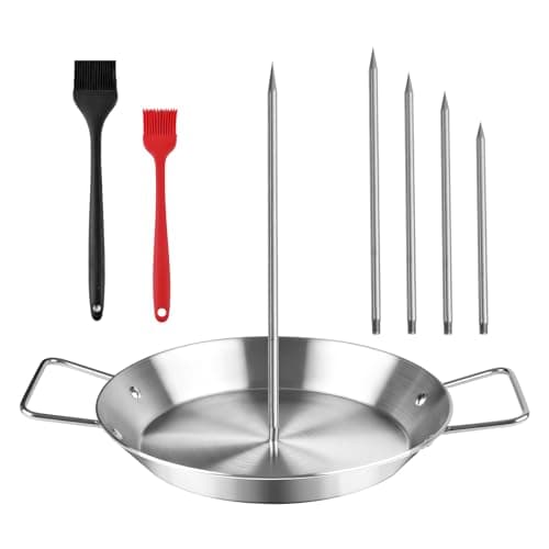 Gyro Pan with Skewer for Oven Stainless Steel Vertical Skewer Pan for Trompo Al Pastor Tacos Shawarma Kebab Rotisserie Grill with 5 Adjustable Spikes Brush BBQ Smoker Accessories