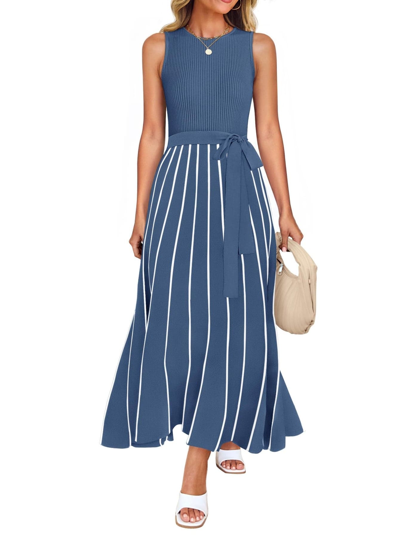 ZESICA Women's Summer Sleeveless Maxi Dress 2025 Crewneck Ribbed Knit Tie Waist Casual A Line Sweater Dresses Dustyblue Large