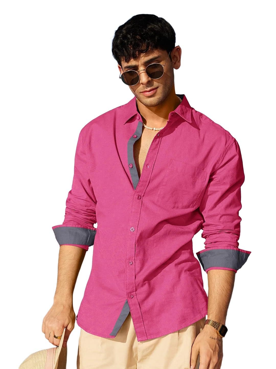 Pinkmint Casual Shirt for Men Stylish Men's Shirt Soild Regular Fit Long Sleeve Formal Wear Pink