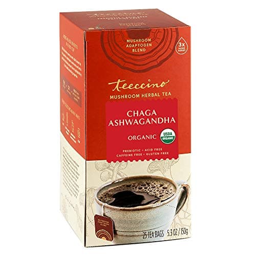 Teeccino Chaga Ashwagandha Tea Butterscotch Cream Organic Mushroom Adaptogenic Herbal Tea 3x More Herbs than Regular Tea Bags Prebiotic Caffeine Free Gluten Free 25 TeaBags
