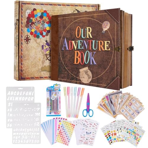 Our Adventure Book 146 Pages Scrapbook Photo Album with Scrapbooking Supplies, 3D Retro Embossed Letter Leather Hard Cover Movie Up Travel Journal Memory Book For Couples