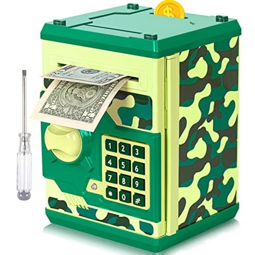 ATM Piggy Bank for Boys Girls Vcertcpl Mini ATM Coin Bank Money Saving Box with Password Kids Safe Money Jar for Adults with Auto Grab Bill Slot Great Gift Toy Bank for KidsCamouflage Green