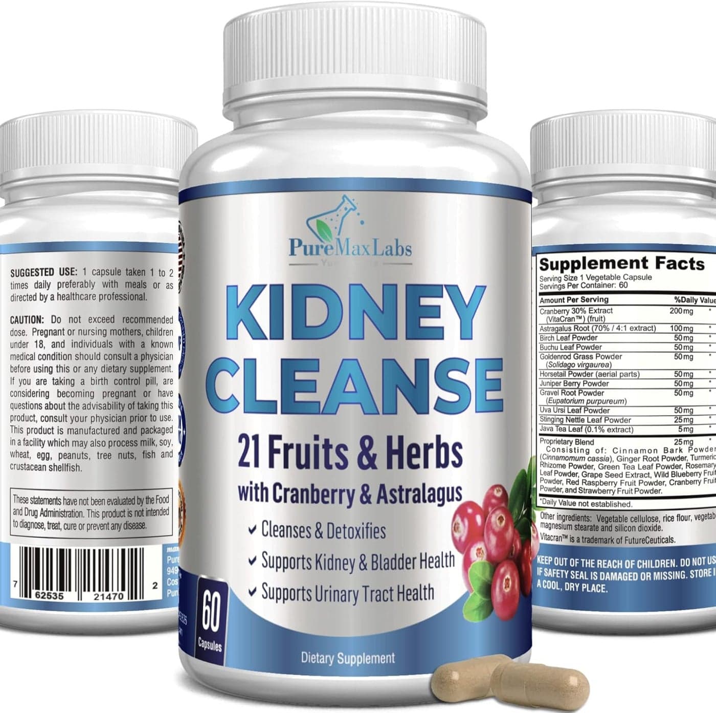 Herbal Kidney Cleanse with Cranberry Extract Astralagus 21 Fruits Herbs Detox Cleanse Urinary Tract Bladder Health Kidney Support 60 Vegan Capsules