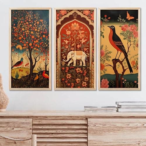 walllane - Painting for wall Decoration |Traditional Indian Art Wall Décor Paintings | Traditional Indian Art Pichwai Wall Décor Paintings set of 3 (10x19 inch, J)