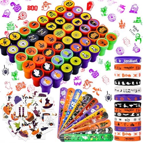 MGparty 288 Pack Halloween Party Favors Bulk Toys for Kids Tattoos Stamps Slap Bracelets Rubber Bracelets Halloween Pinata Stuffers TrickorTreat Goodie Bag Fillers Classroom Game Prizes