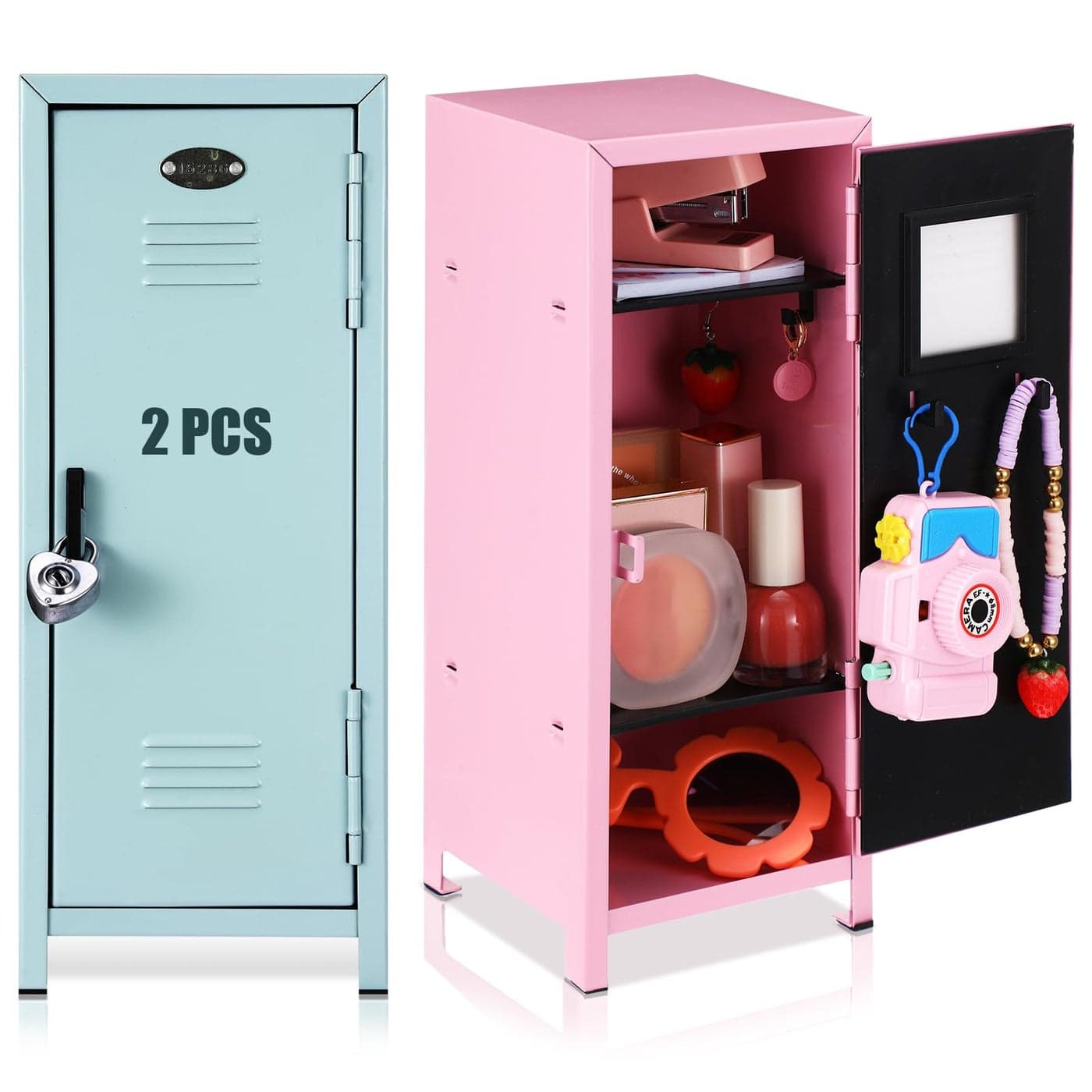 Vercraft 2 Pcs Mini Storage Locker with Lock and 2 Keys 108 Inch Cute Small Locker for Desktop Bedroom Home Office Pink Teal