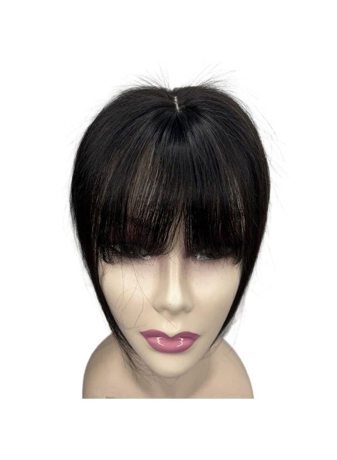 100% Human Hair Toppers Clip In Hairpieces With 3D Air Bangs Hair For Women Mini Short Straight Hair Bangs Toupee Small Mid Part Wiglets for Mild Hair Loss Volume Cover Gray Hair (1B)