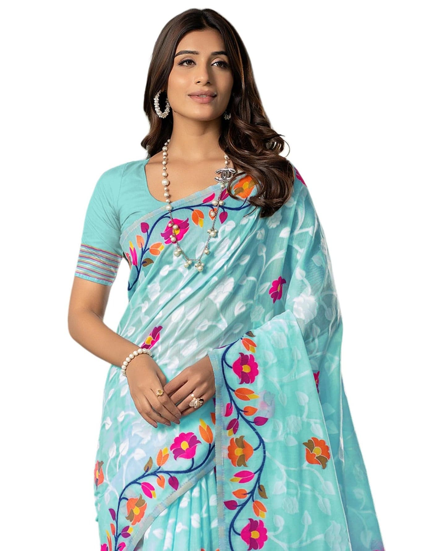 SIRIL Women's Cotton Jacquard Saree with Unstitched blouse Piece (3417S216_Sky Blue)