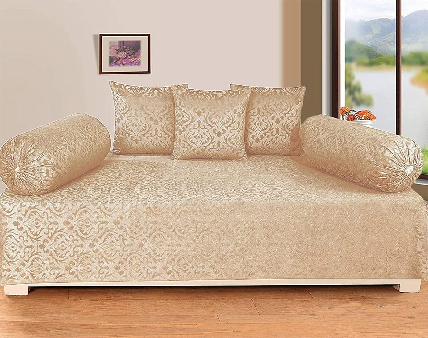 STARNSTYLE Premium Velvet Diwan Set - Bedsheet, 2pc Bolster Cover with Dori and 3pc Cushion Covers Large Set of 6 Pieces Beige