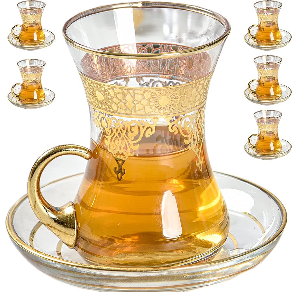 Vissmarta Gold Turkish Arabic Moroccan Tea Glasses Cups Set of 6 and Saucers Glassware Drinking Women Party Fancy Drinkware Style Vintage Persian Kitchen Decor Drinks