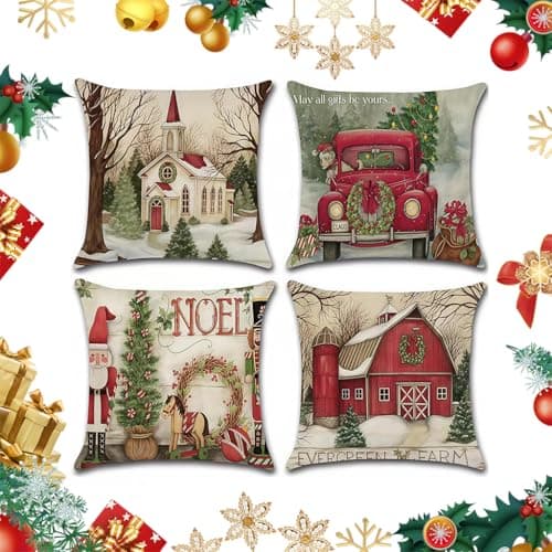 HASTHIP® 4Pcs Christmas Cushion Covers, Red Christmas Cushion Cover, 17.7x17.7 Inch Vintage Christmas Decor Pillow Covers for Couch Bedroom Living Room