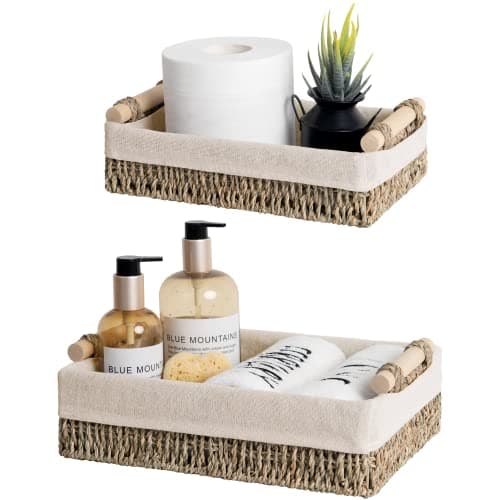 StorageWorks Small Seagrass Baskets for Organizing Wicker Basket for Organizer Storage Baskets with Wooden Handles and Natural Fiber Liner Set of 2