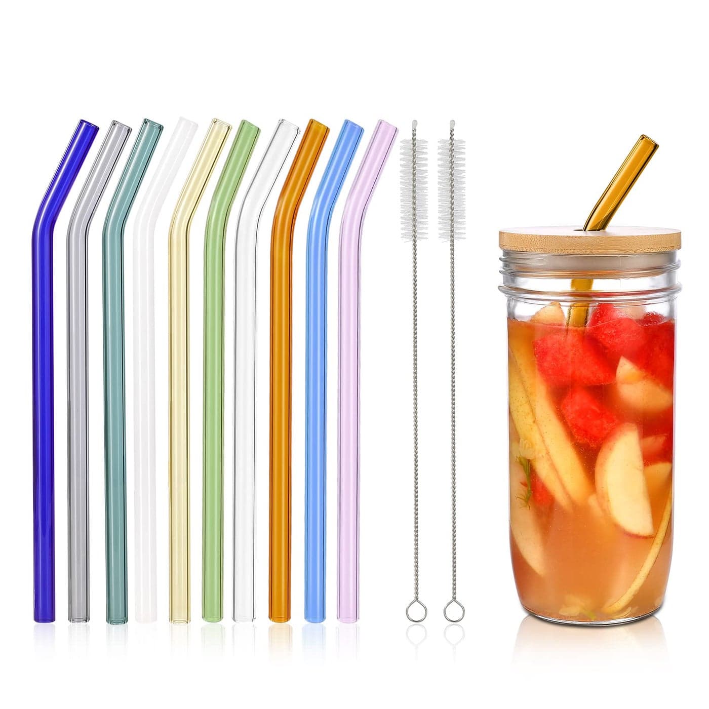 RENYIH 10 Pcs Reusable Bent Glass Drinking Straws9x10 mm Colorful Glass Straws for Beverages Shakes Milk Tea JuicesSet of 10 Bent with 2 Cleaning Brushes Shatter Resistant