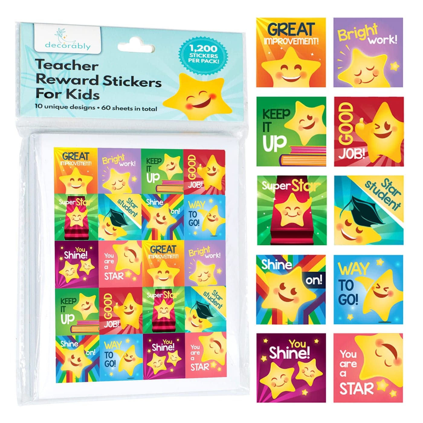 Decorably 1200 Teacher Stickers for Students 60 Sticker Sheets of Star Student Stickers Classroom Activities Positive Reinforcement Arts Crafts Scrapbooking Gift
