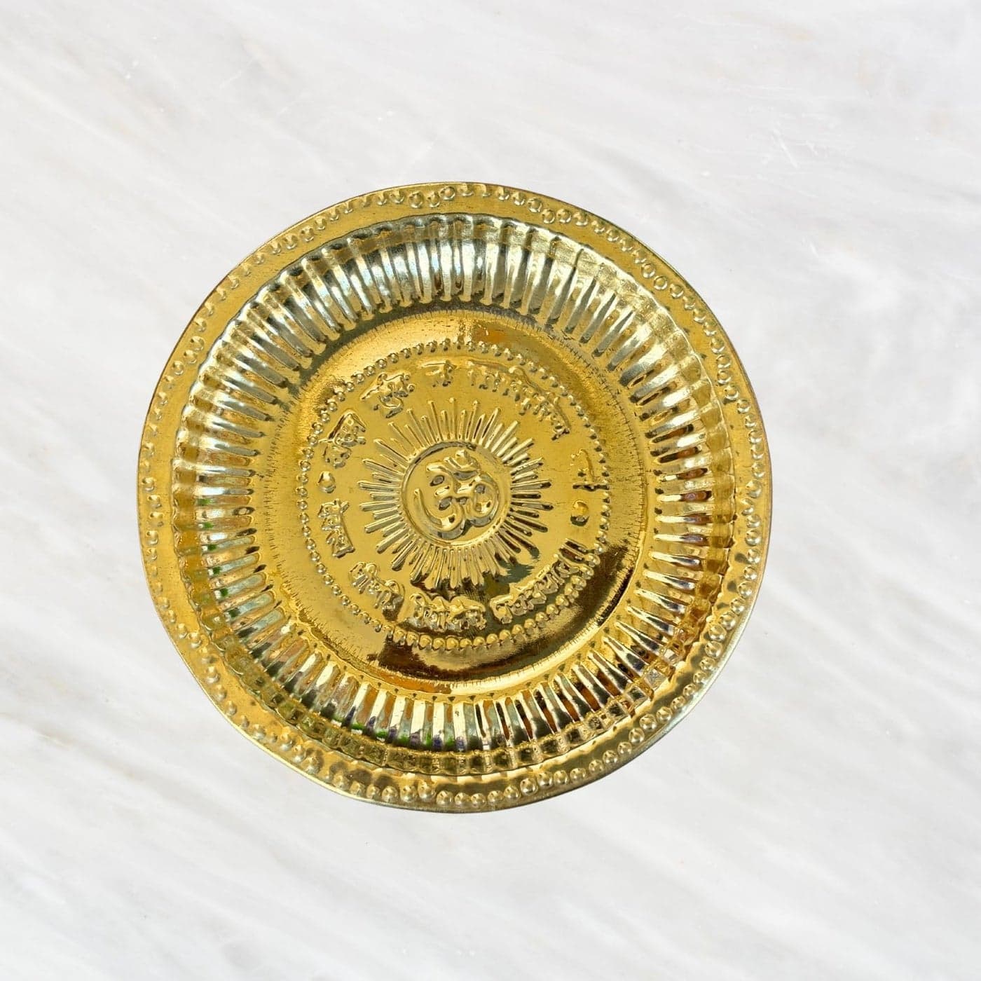 Salvus App SOLUTIONS Handmade Designer Brass Golden Om Thali for Pooja Festivals Home Decor Gift Item 7 Inch