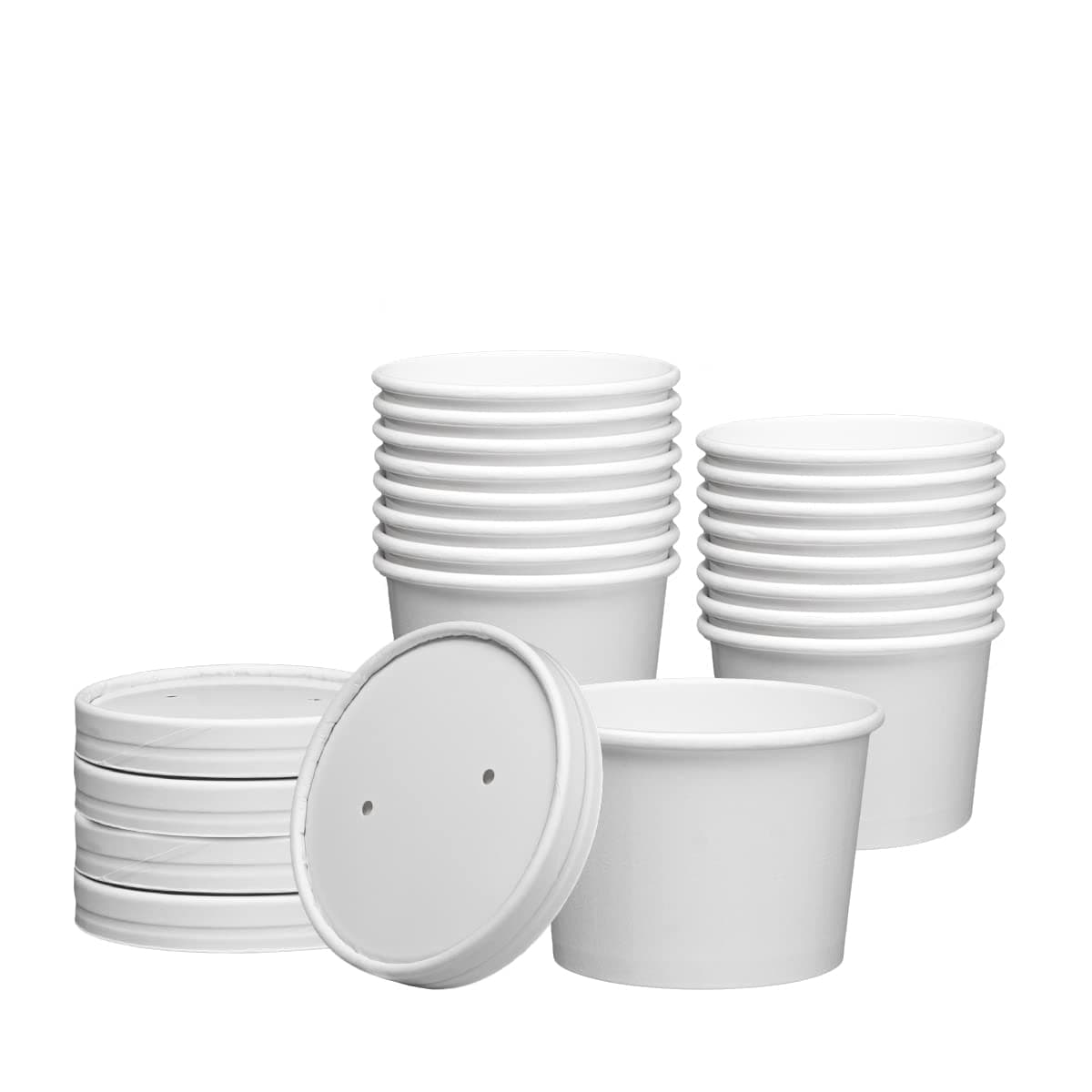 GUSTO 8oz 25 Count White Paper Food Containers with Vented Lids To Go Hot Soup Bowls Disposable Ice Cream Cups Ideal for Hot and Cold Foods Formerly Comfy Package
