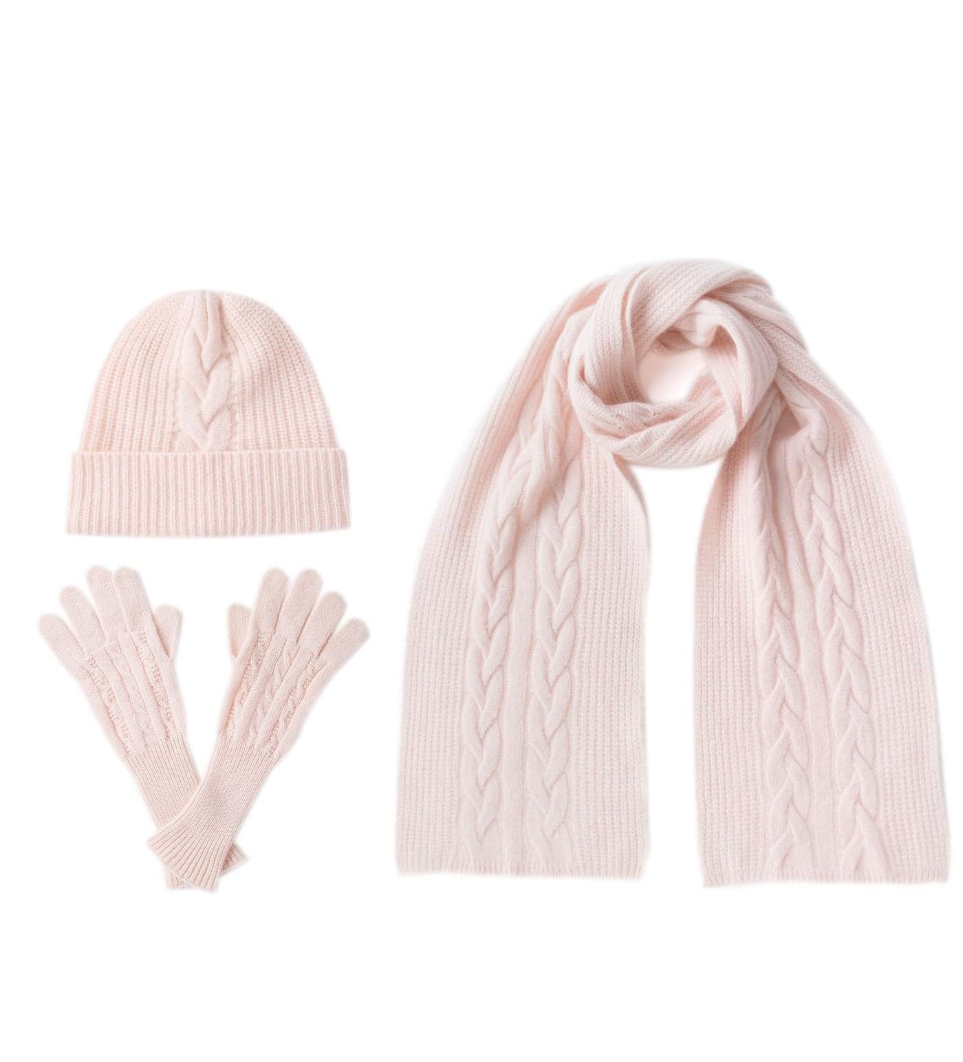Villand Womens 3 Piece 100 Pure Cashmere Scarf Hat Gloves Set Cable Knitted Winter Set with Gift Box Pink