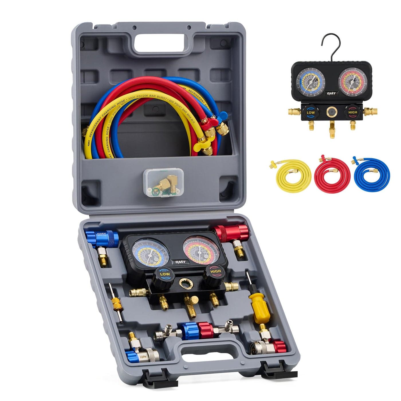 Orion Motor Tech AC Gauges 3 Way Manifold Gauge Set for R1234yf R404a R134a Refrigerant Automotive Gauge Set with Hoses Quick Couplers Self Sealing Can Taps for Car Freon Charging Evacuation