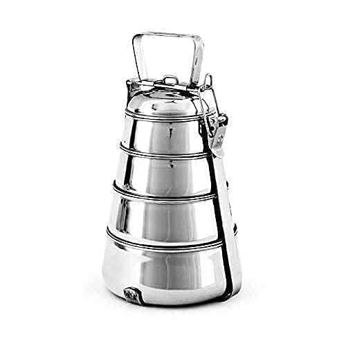 Diamond Steel Stainless Steel Lunch Box with Handle | Pyramid Shaped Compartment Traditional Tiffin Box| Easy to Carry| Leak Proof| School and Office use Pack of 1 (4 Container)