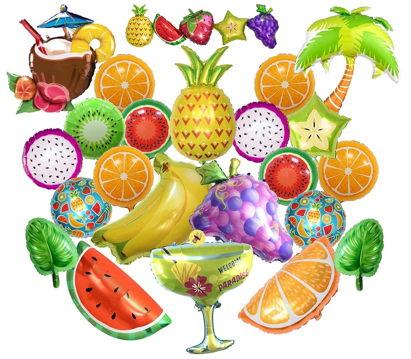 Atpata Funky 29pcs Fruits Shape Foil Balloons Maha Combo of Sliced Orange and Watermelon with Pineapple Banana Grapes Fruit Shape Foil Balloons Perfect for Summer Luau Parties and Celebrations