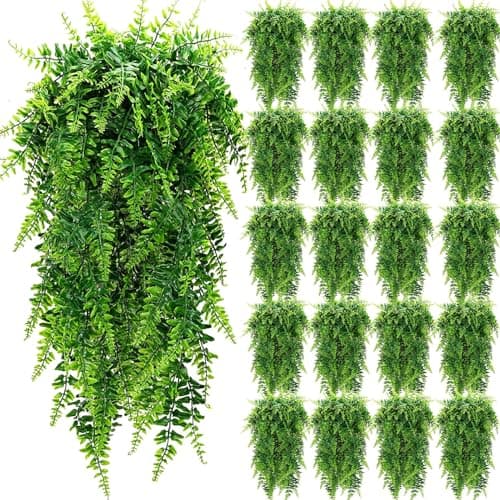 Geosar 20 Pcs Artificial Hanging Plants 32 Inch Hanging Boston Ferns Plastic Fake Plants for Wall Room Garden Wedding Garland Indoor Outdoor Decoration, No Basket
