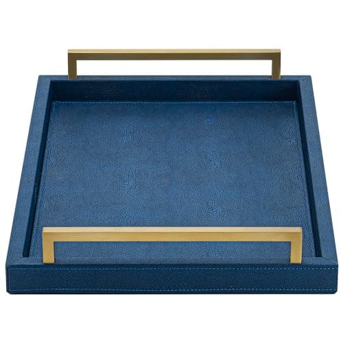 XIGEXIGE Navy Blue Decorative Serving Tray, Shagreen Leather Coffee Table Tray, Rectangle for Home Decor