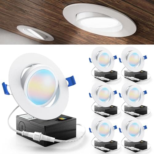 Sunco Lighting 6 Pack Recessed LED Lights Canless 4 Inch Eyeball Gimbal 12W, Selectable 2700K/3000K/3500K/4000K/5000K, Angled Directional Light with Jbox, Ultra Slim Dimmable, ETL.