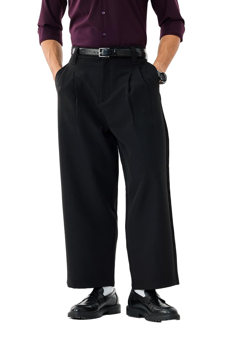 SNITCH Men Casual Trousers | Baggy Fit Wide-Leg Design with Pleated Front & Button Closure | Durable Polyester Blend & Medium-Stretch Fabric for Summer Wear | Black