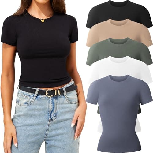 CE' CERDR 3/5 Pack Womens T Shirts Crew Neck Short Sleeve Shirts for Women Casual Basic Fitted Stretchy Tee Tops