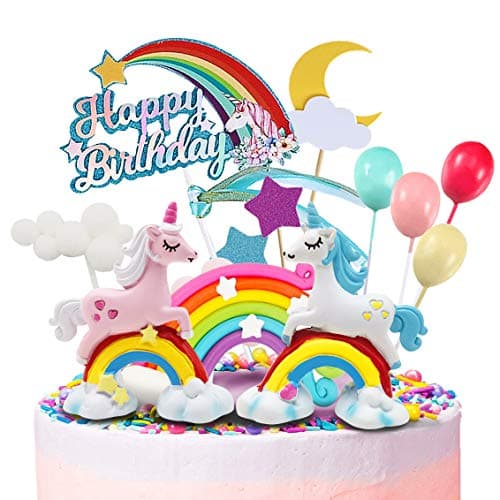 MOVINPE Unicorn Cake Topper 2 Magic Unicorns Sculpture 1 Rainbow 1 Happy Birthday Banner 2 Cloud 4 Balloon 12 Stars 1 Moon Cake Decoration For Girl Kid Women Birthday Party
