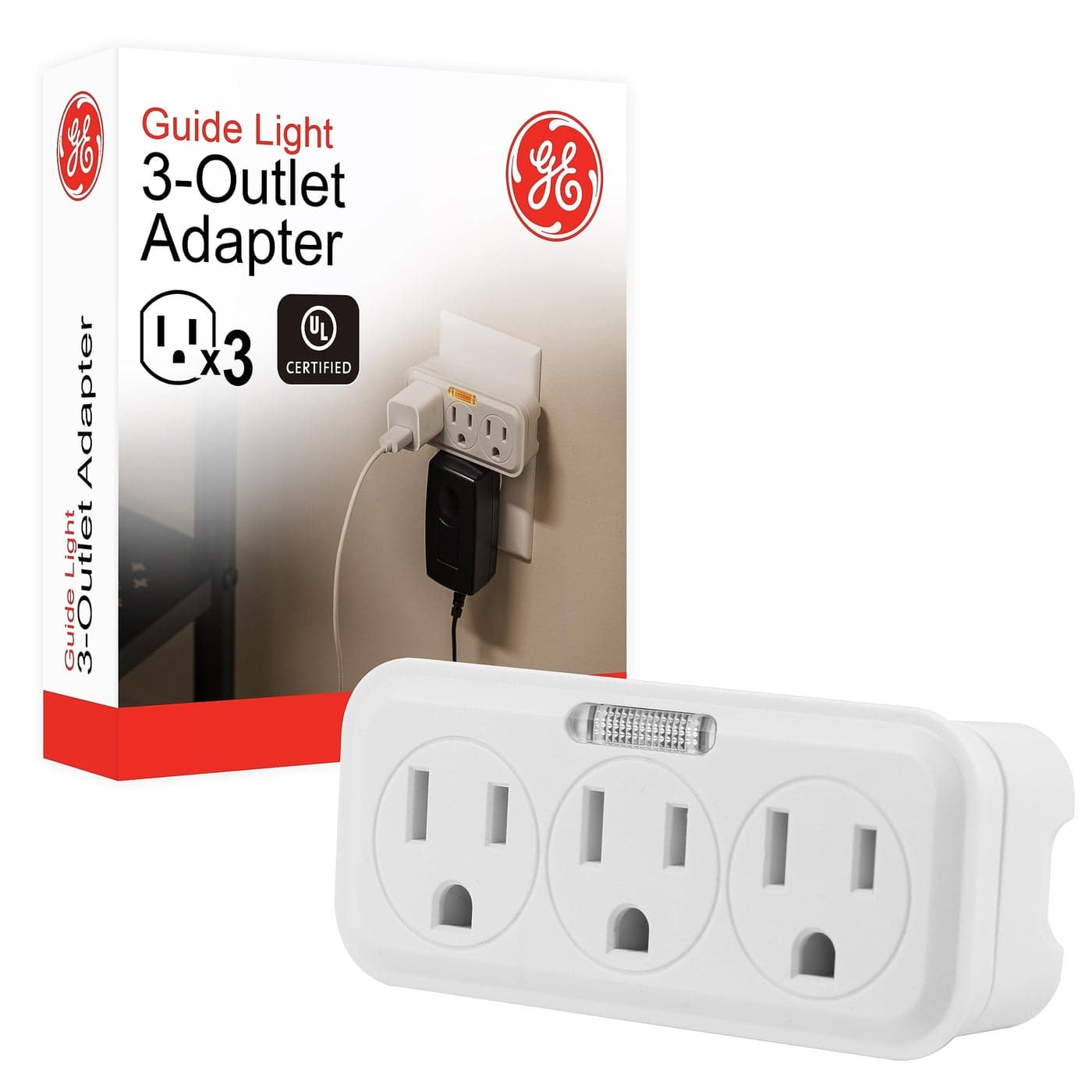 GE 3 Outlet Adapter Wall Tap with Guide Light 3 Prong Outlet Grounded Outlet UL Listed White 14494
