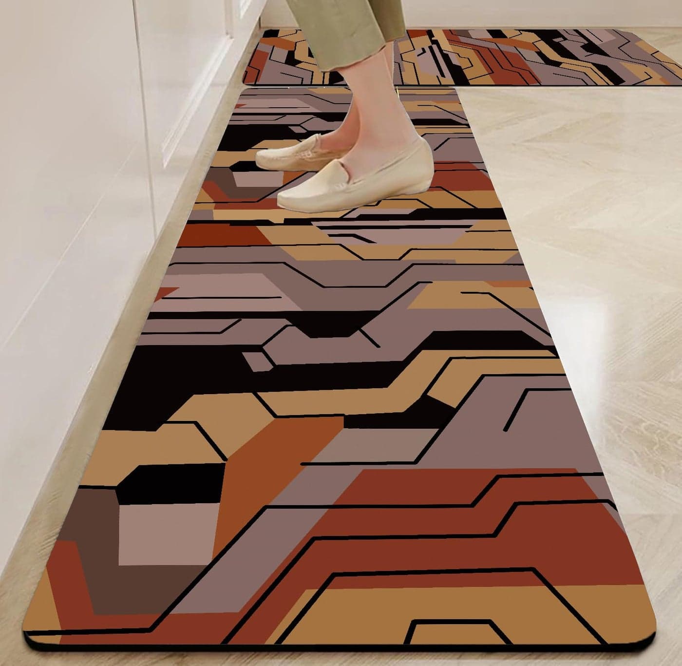 ishro home Polyester Retro Series Premium Rectangular Kitchen Mats for Floor Anti Slip | Machine Washable | 2 Pcs Kitchen Mat | 18''X54 & 18''X28'' | (Retro Brown)