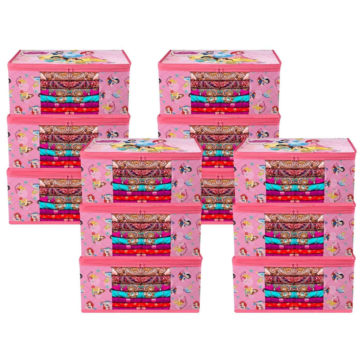 Kuber Industries Saree Cover Bag Zip Closure Saree Cover Bag Clothes Storage Bag Wardrobe Organiser Transparent Window Saree Cover Bag Disney PrincessPrint 9 inch Pack of 12 Pink