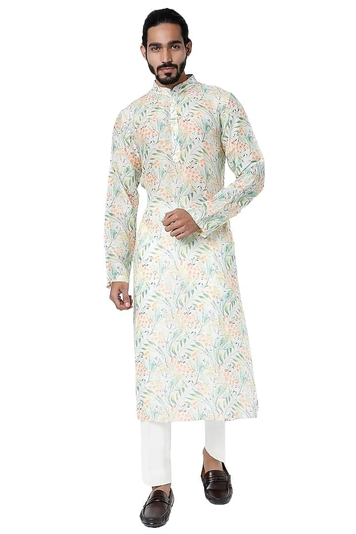 LookMark Men's Cotton Blend Printed Long Kurta Suitable for All Indian Wedding, Occasions, and Festivals (AZ-LM-OG-Kurta 21-XXL) White
